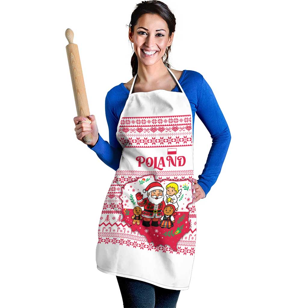 Poland Christmas Apron with Santa Children Gingerbread Map Outline and Red Snowflake Knit Pattern Design - Wonder Print Shop