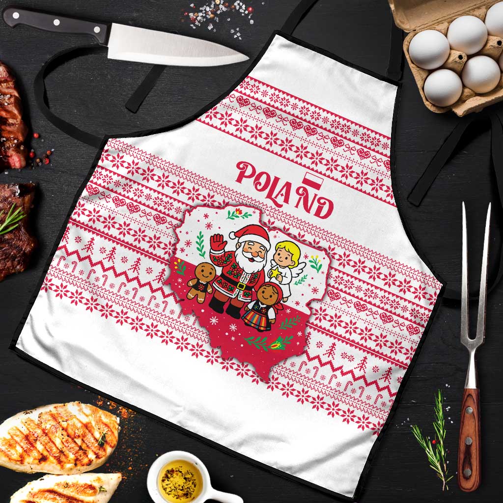 Poland Christmas Apron with Santa Children Gingerbread Map Outline and Red Snowflake Knit Pattern Design - Wonder Print Shop