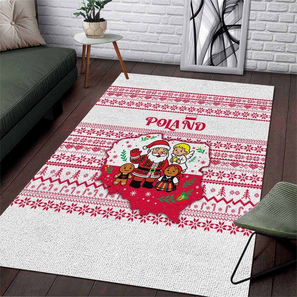 Poland Christmas Area Rug with Santa Children Gingerbread Map Outline and Red Snowflake Knit Pattern Design - Wonder Print Shop