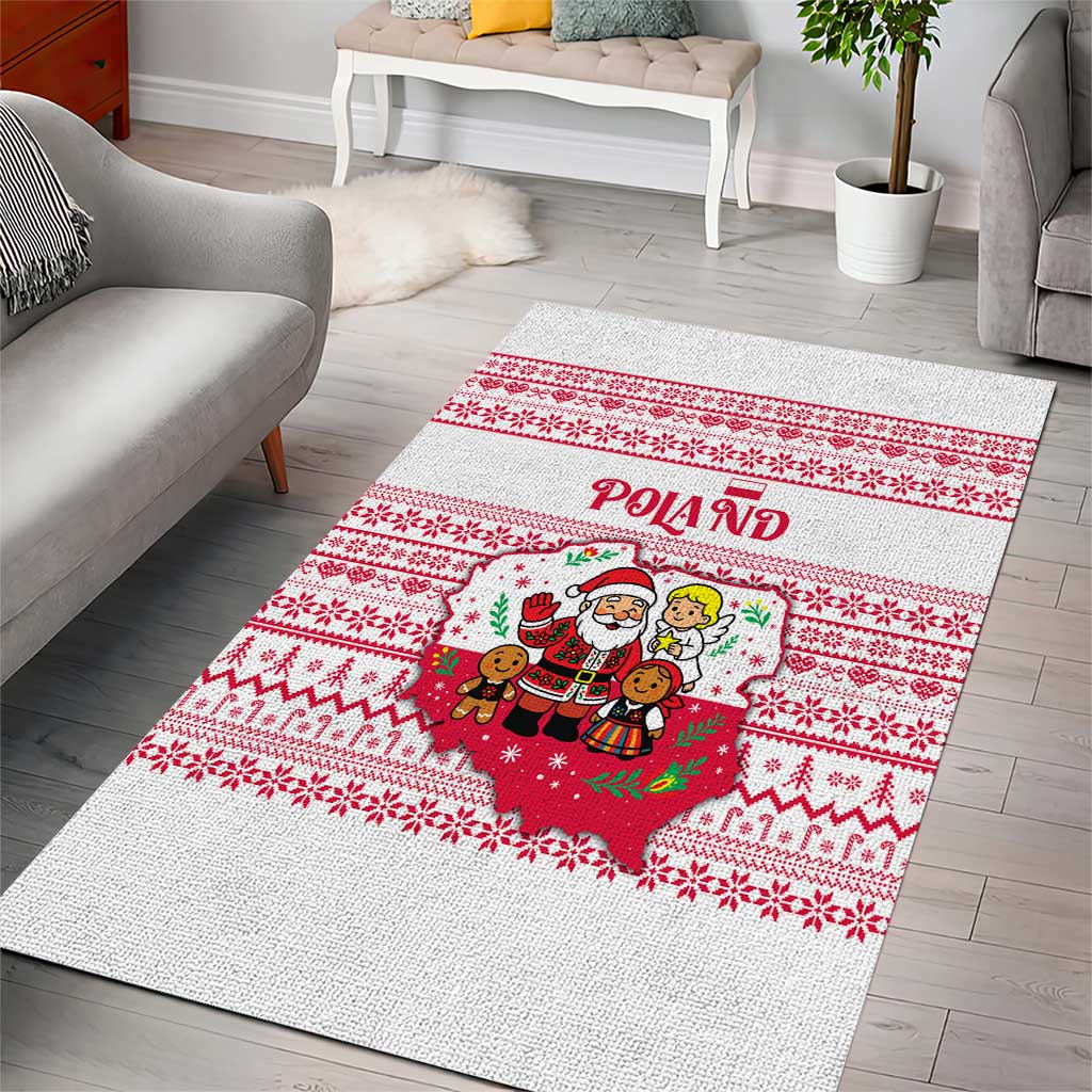 Poland Christmas Area Rug with Santa Children Gingerbread Map Outline and Red Snowflake Knit Pattern Design - Wonder Print Shop