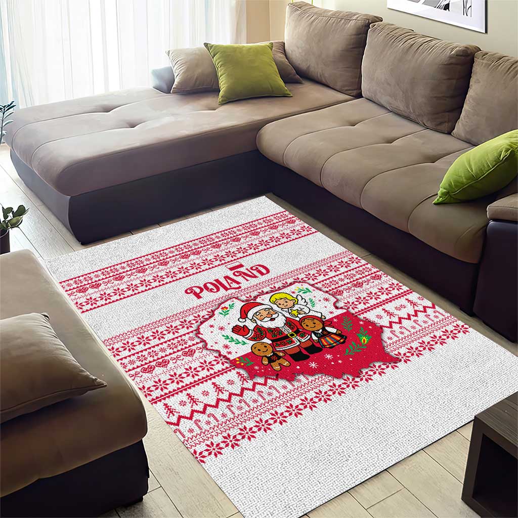 Poland Christmas Area Rug with Santa Children Gingerbread Map Outline and Red Snowflake Knit Pattern Design - Wonder Print Shop