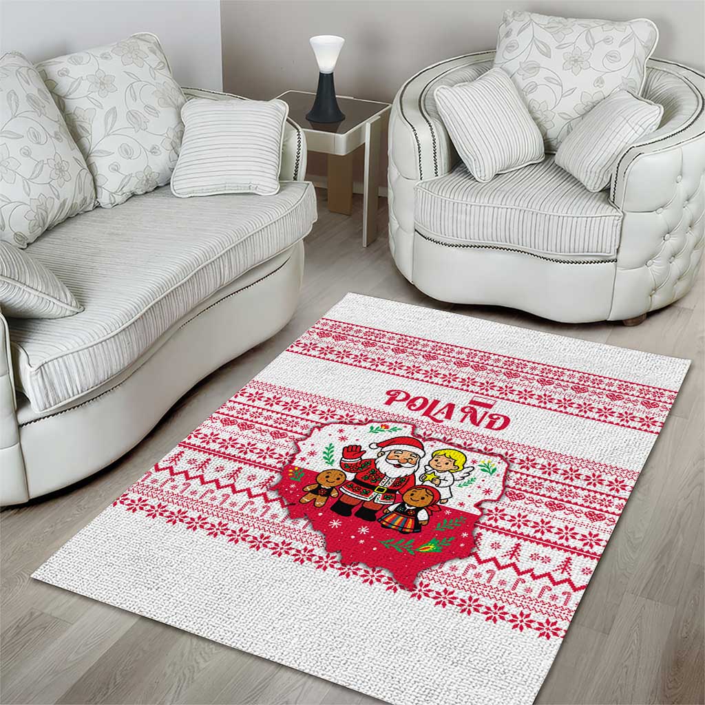 Poland Christmas Area Rug with Santa Children Gingerbread Map Outline and Red Snowflake Knit Pattern Design - Wonder Print Shop