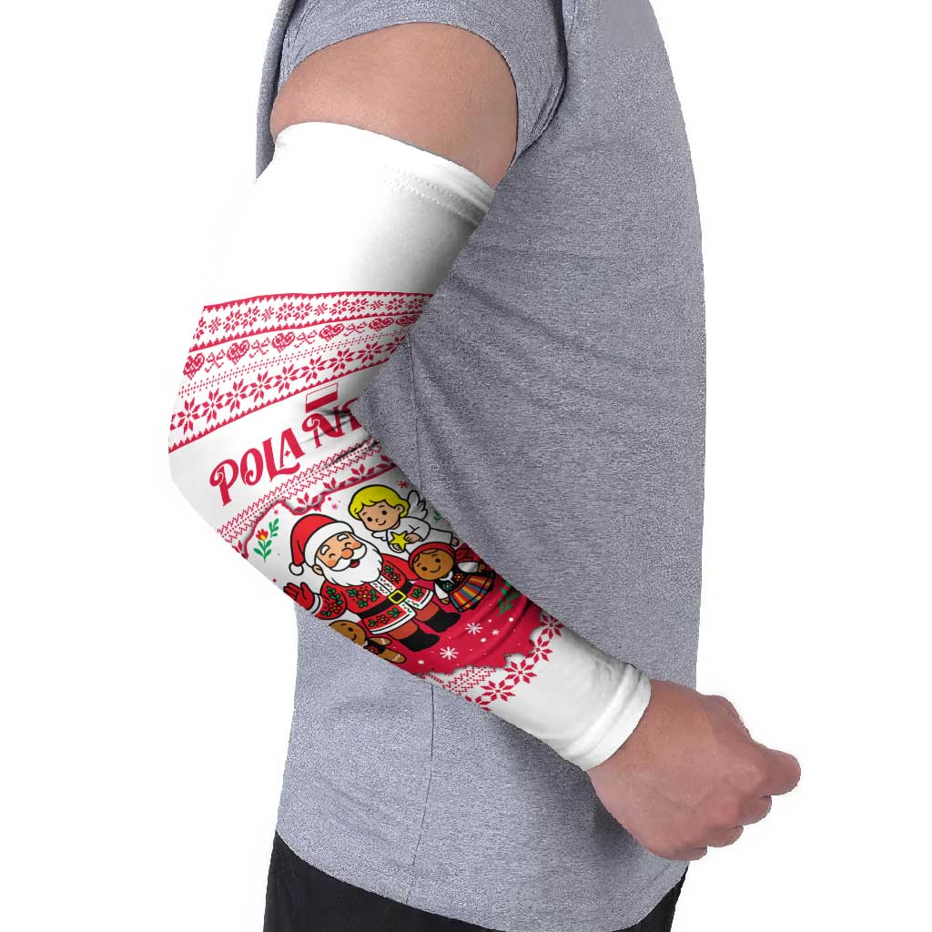 Poland Christmas Arm Sleeves with Santa Children Gingerbread Map Outline and Red Snowflake Knit Pattern Design - Wonder Print Shop