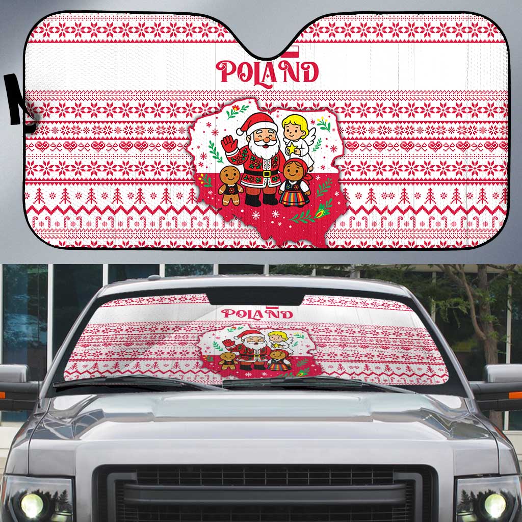 Poland Christmas Auto Sun Shade with Santa Children Gingerbread Map Outline and Red Snowflake Knit Pattern Design - Wonder Print Shop