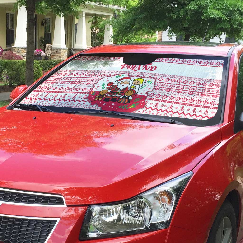Poland Christmas Auto Sun Shade with Santa Children Gingerbread Map Outline and Red Snowflake Knit Pattern Design - Wonder Print Shop