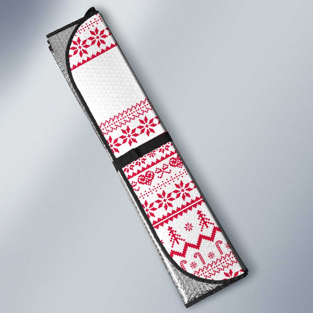 Poland Christmas Auto Sun Shade with Santa Children Gingerbread Map Outline and Red Snowflake Knit Pattern Design - Wonder Print Shop