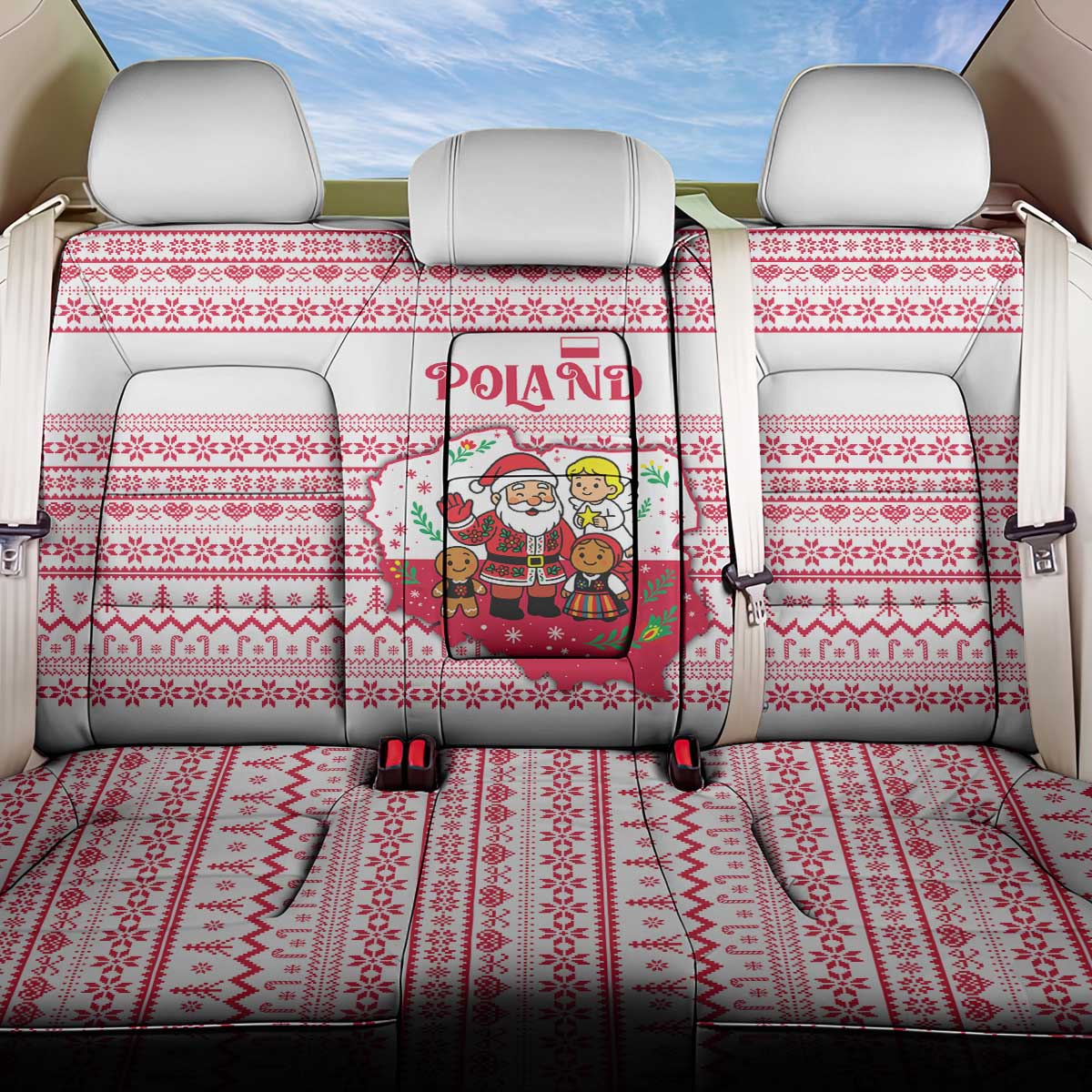 Poland Christmas Back Car Seat Cover with Santa Children Gingerbread Map Outline and Red Snowflake Knit Pattern Design - Wonder Print Shop