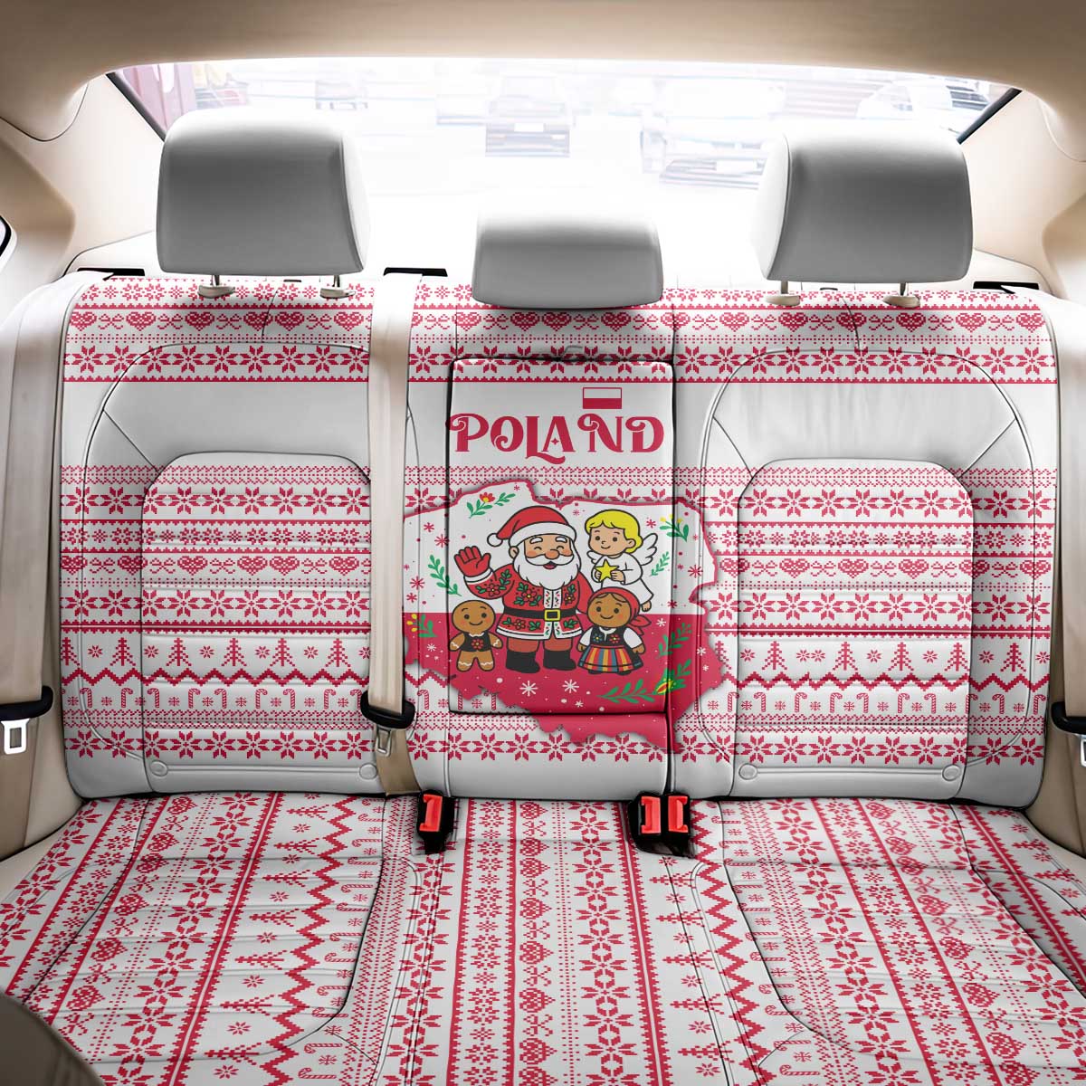 Poland Christmas Back Car Seat Cover with Santa Children Gingerbread Map Outline and Red Snowflake Knit Pattern Design - Wonder Print Shop