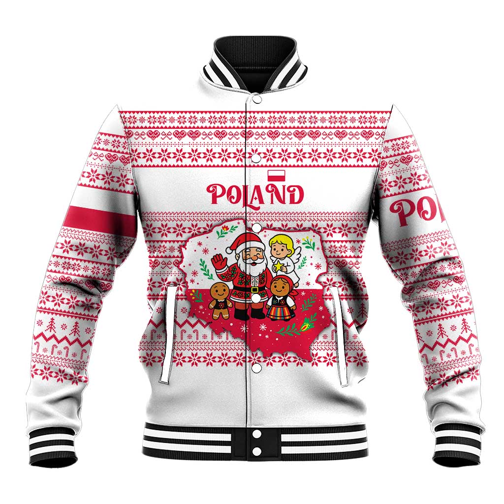 Poland Christmas Baseball Jacket with Santa Children Gingerbread Map Outline and Red Snowflake Knit Pattern Design - Wonder Print Shop
