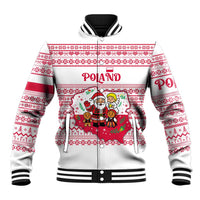 Poland Christmas Baseball Jacket with Santa Children Gingerbread Map Outline and Red Snowflake Knit Pattern Design - Wonder Print Shop