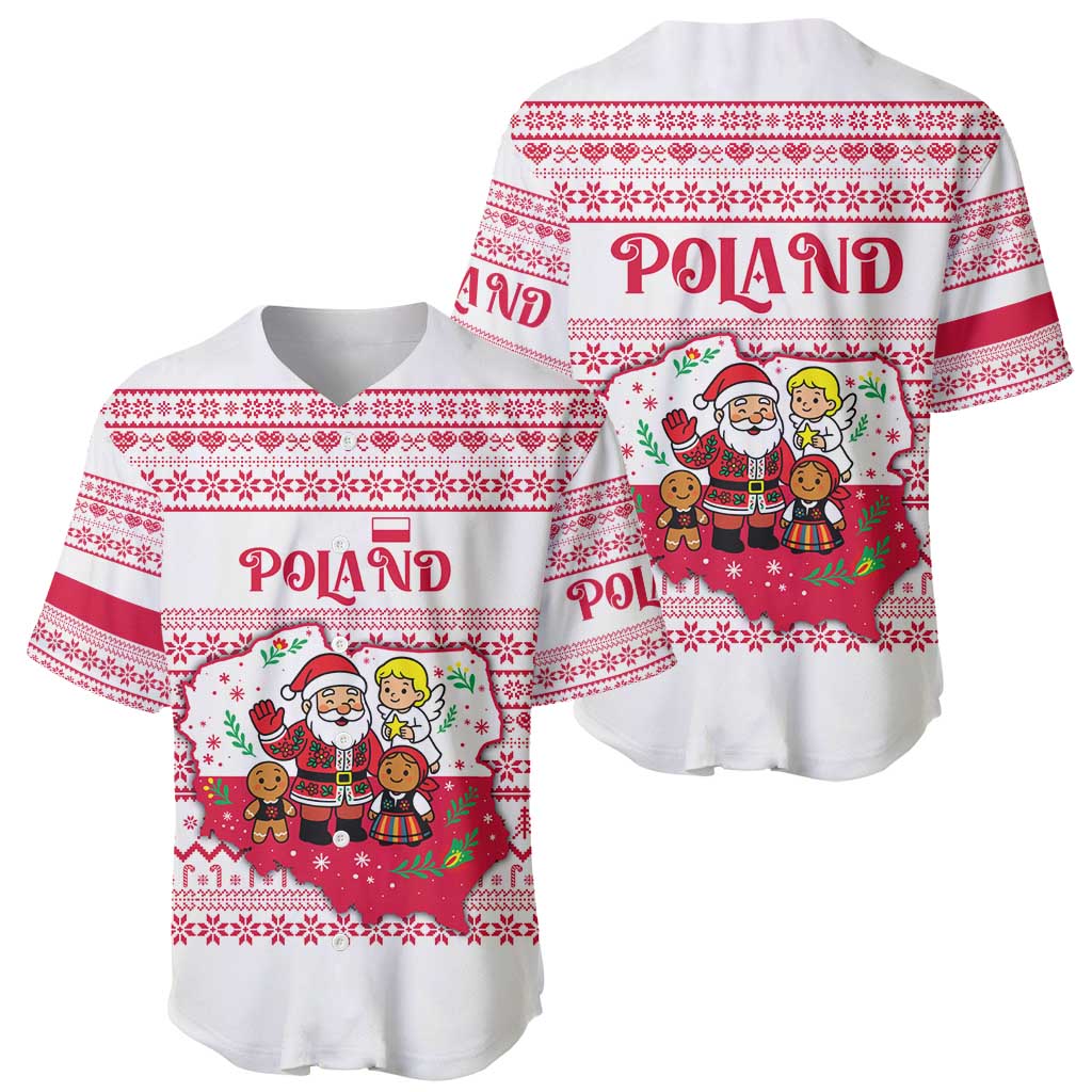 Poland Christmas Baseball Jersey with Santa Children Gingerbread Map Outline and Red Snowflake Knit Pattern Design - Wonder Print Shop