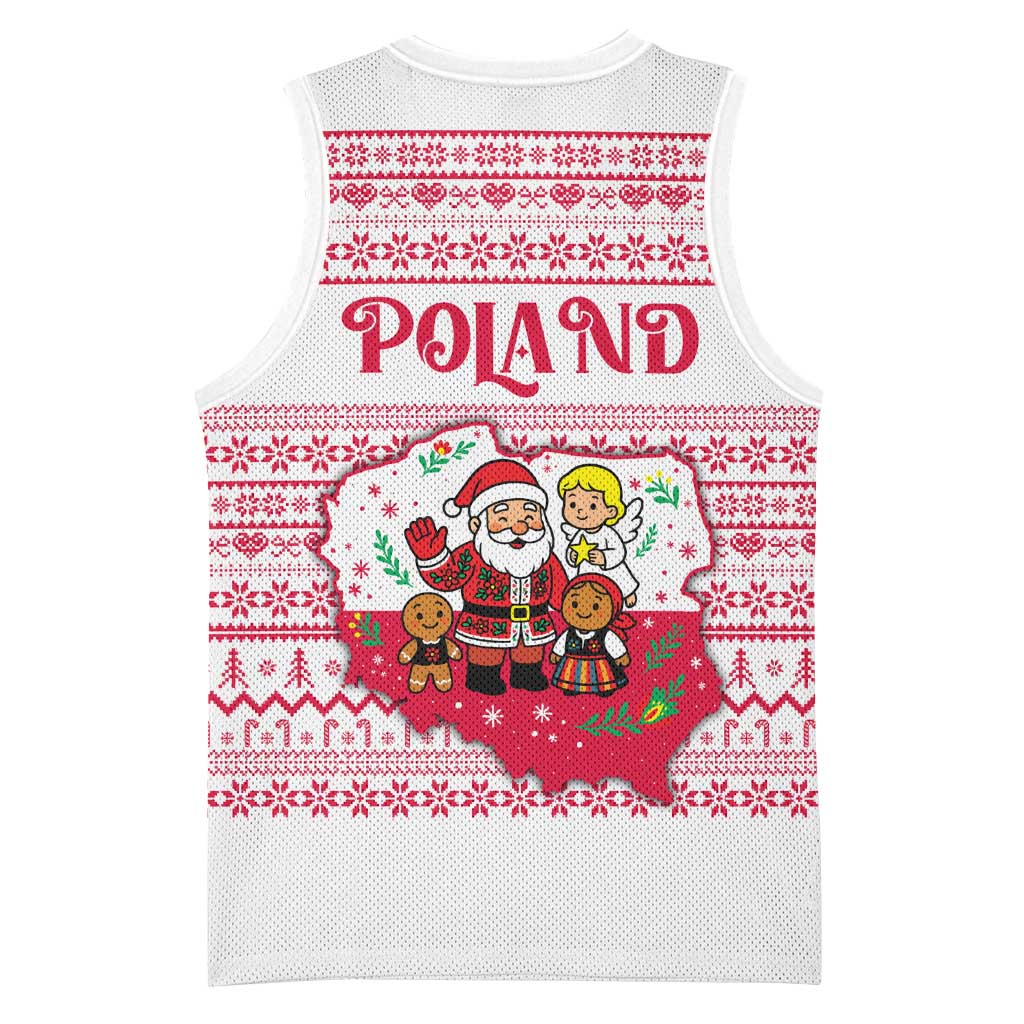 Poland Christmas Basketball Jersey with Santa Children Gingerbread Map Outline and Red Snowflake Knit Pattern Design - Wonder Print Shop