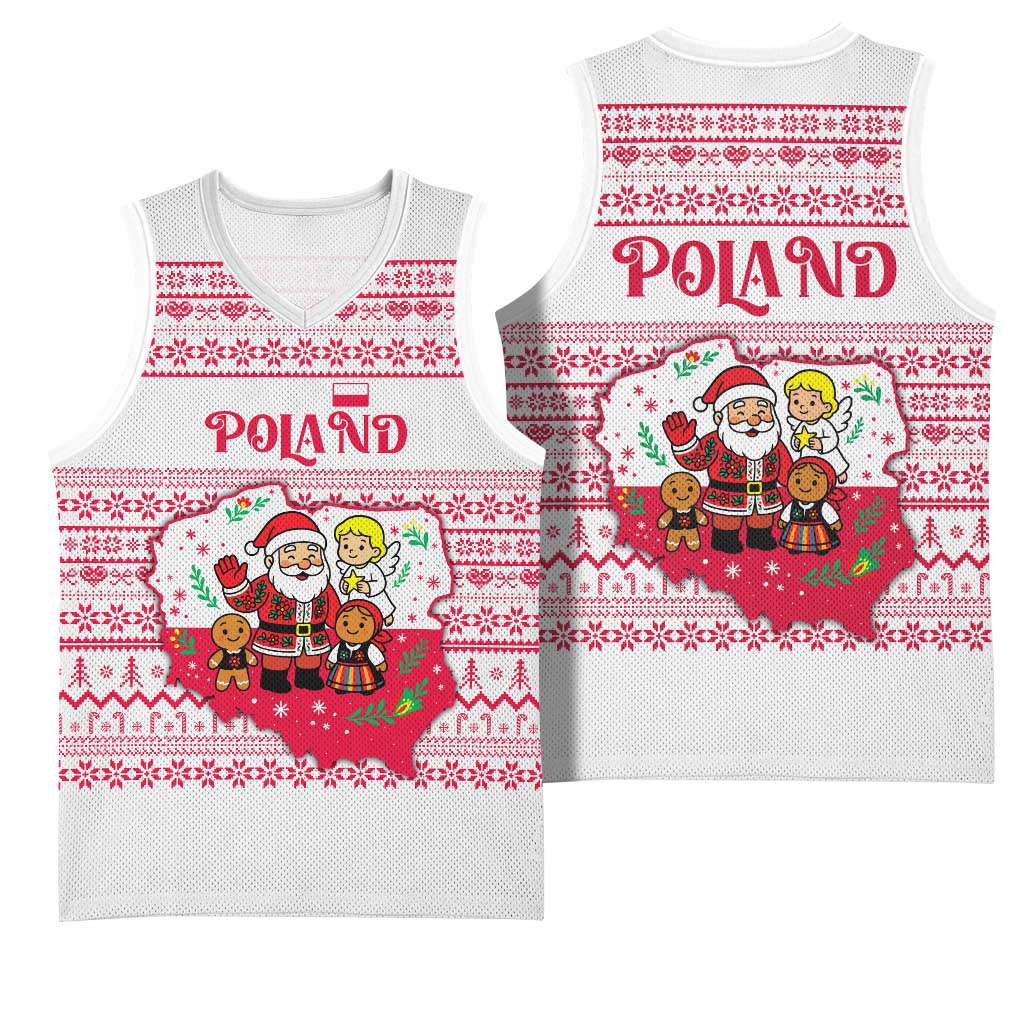 Poland Christmas Basketball Jersey with Santa Children Gingerbread Map Outline and Red Snowflake Knit Pattern Design - Wonder Print Shop