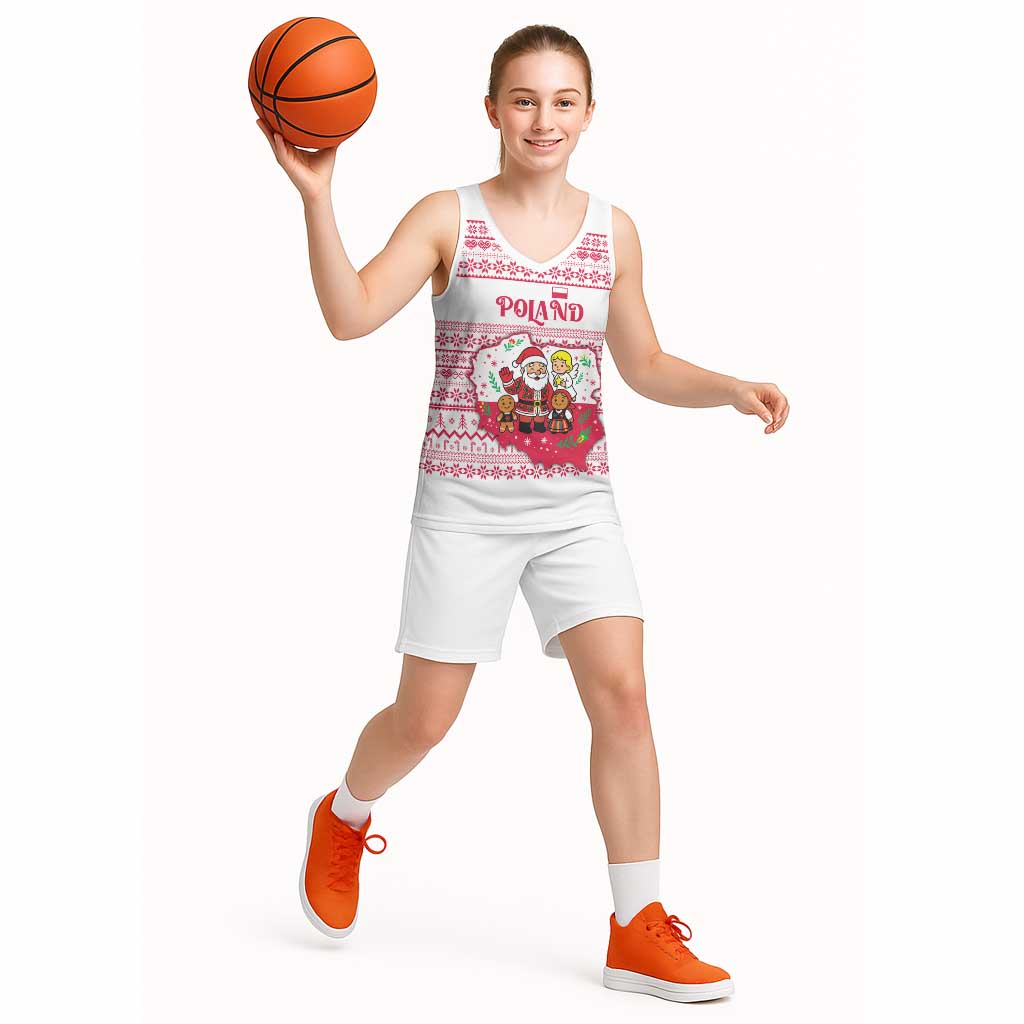 Poland Christmas Basketball Jersey with Santa Children Gingerbread Map Outline and Red Snowflake Knit Pattern Design - Wonder Print Shop