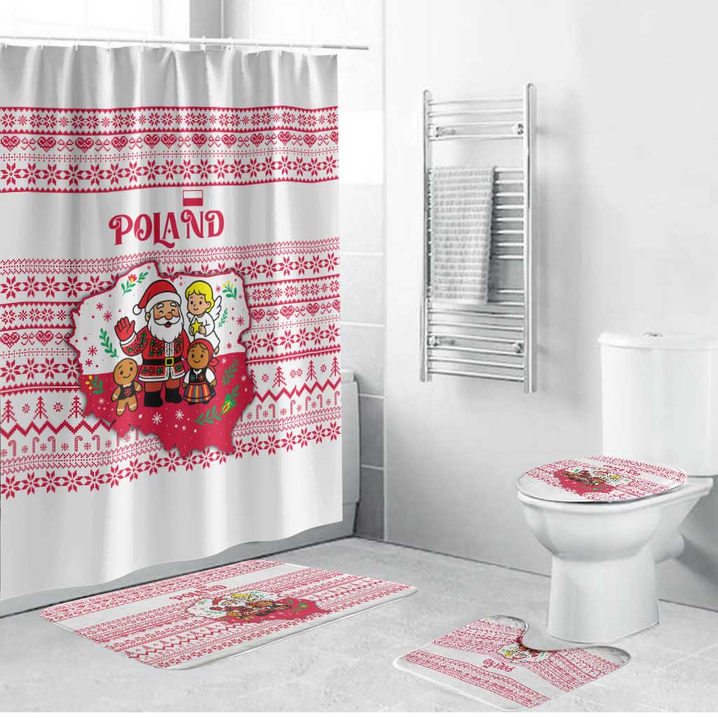 Poland Christmas Bathroom Set with Santa Children Gingerbread Map Outline and Red Snowflake Knit Pattern Design - Wonder Print Shop