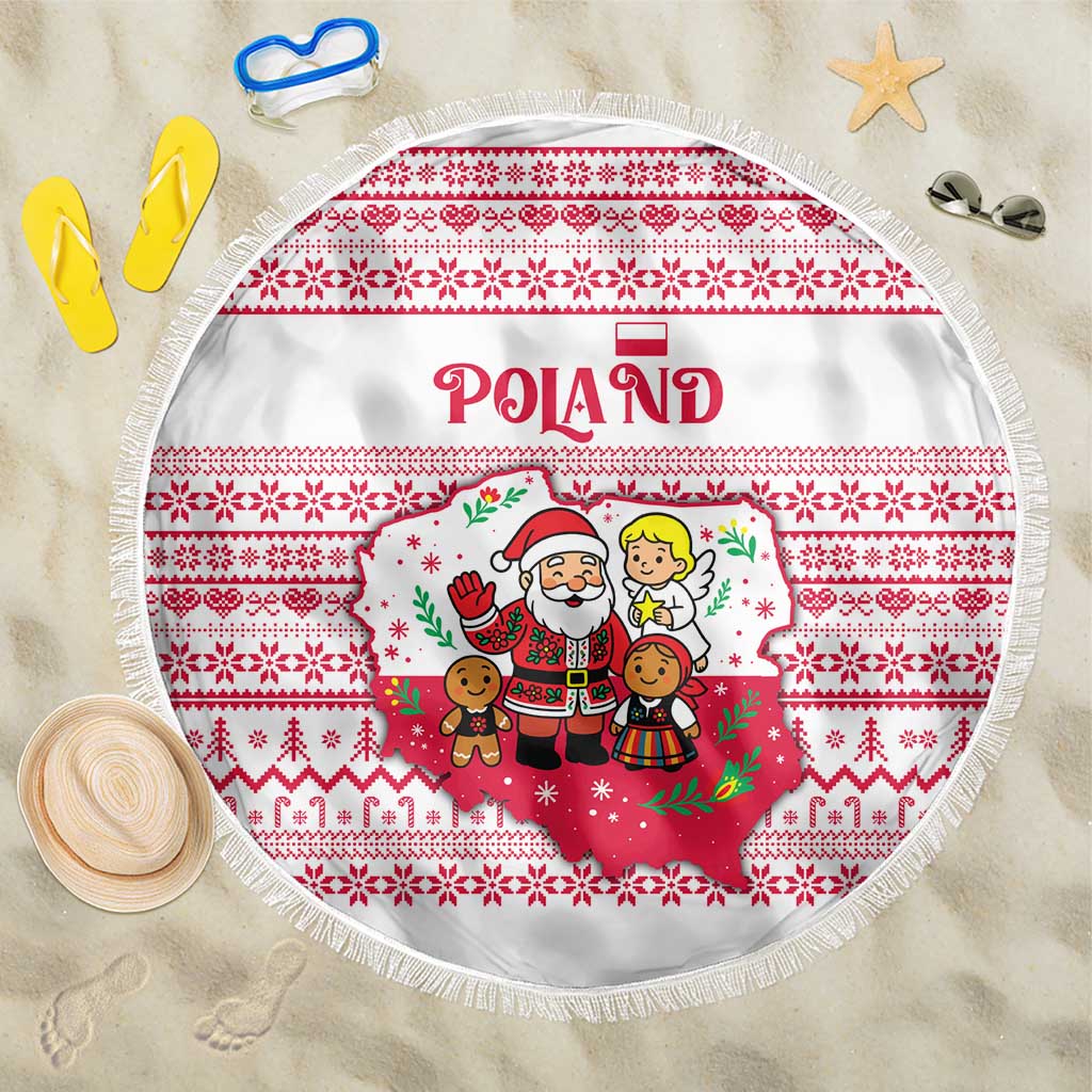Poland Christmas Beach Blanket with Santa Children Gingerbread Map Outline and Red Snowflake Knit Pattern Design - Wonder Print Shop