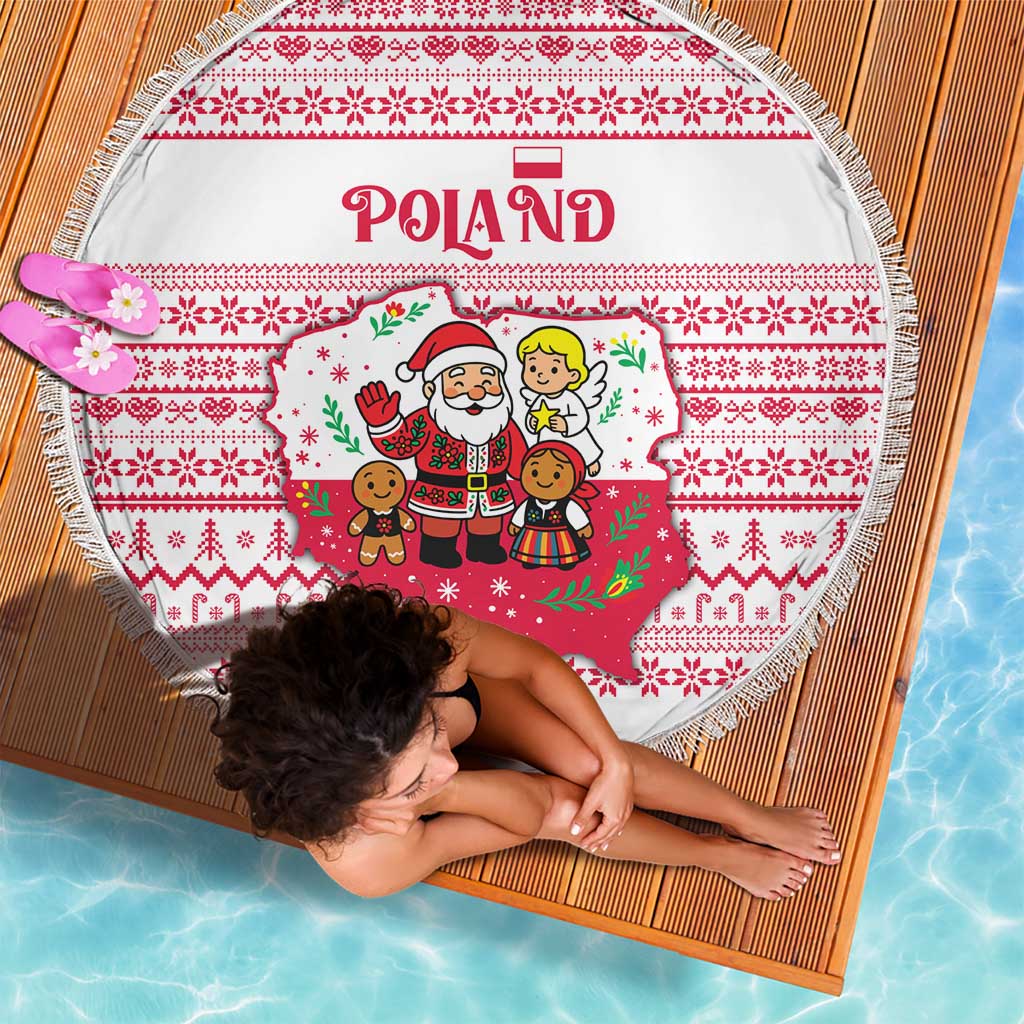 Poland Christmas Beach Blanket with Santa Children Gingerbread Map Outline and Red Snowflake Knit Pattern Design - Wonder Print Shop