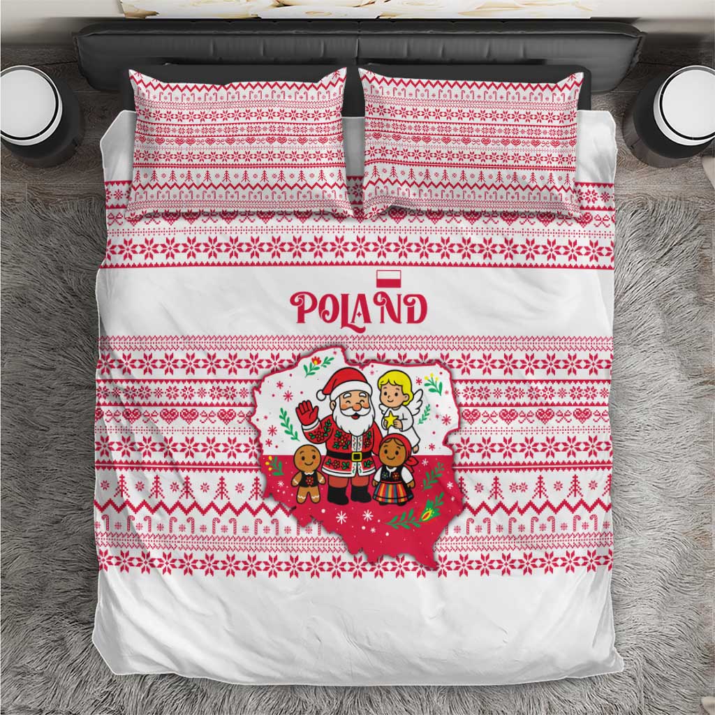 Poland Christmas Bedding Set with Santa Children Gingerbread Map Outline and Red Snowflake Knit Pattern Design - Wonder Print Shop