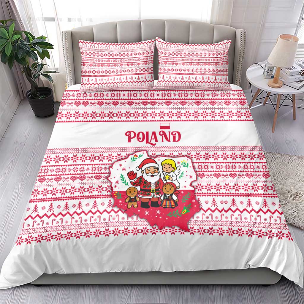 Poland Christmas Bedding Set with Santa Children Gingerbread Map Outline and Red Snowflake Knit Pattern Design - Wonder Print Shop