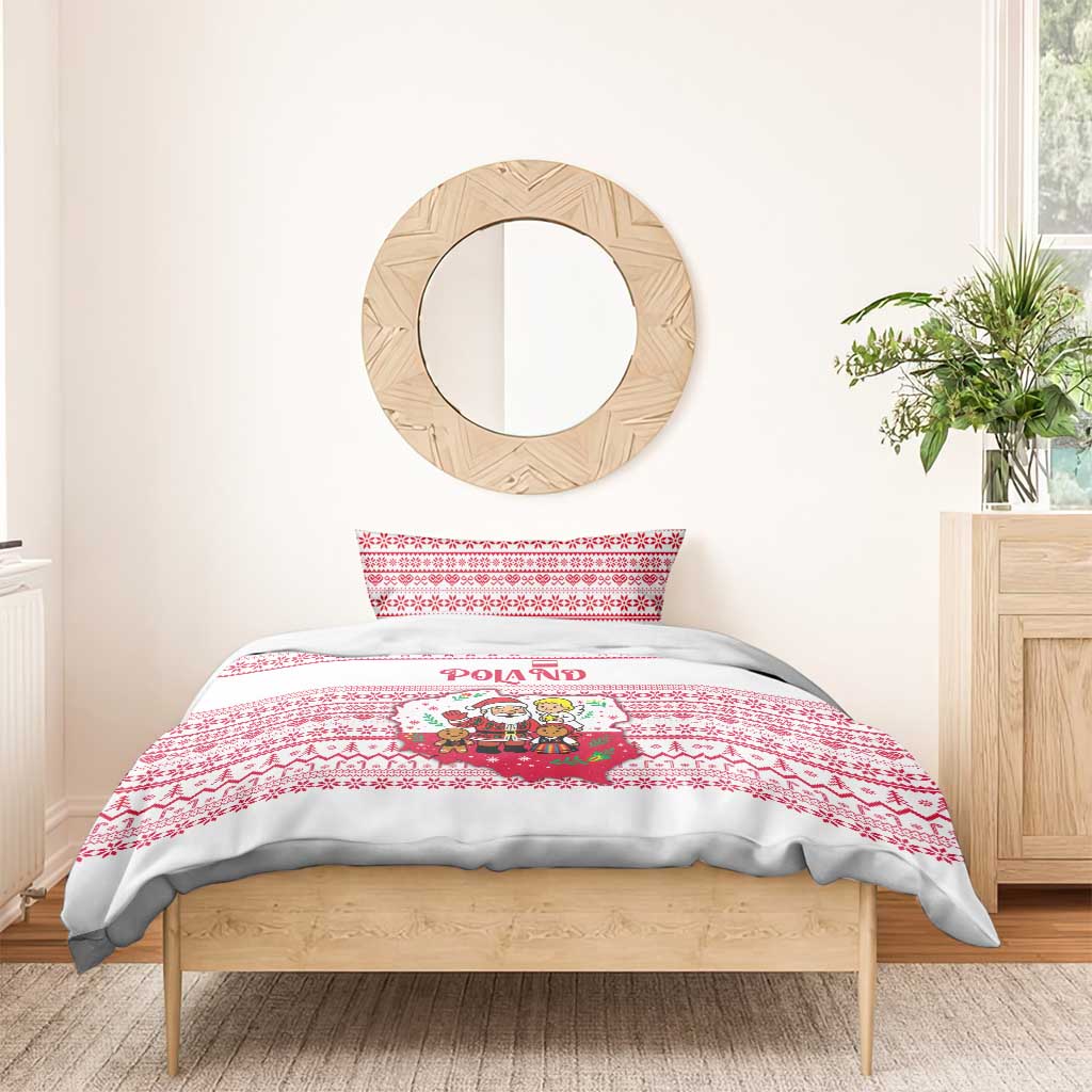 Poland Christmas Bedding Set with Santa Children Gingerbread Map Outline and Red Snowflake Knit Pattern Design - Wonder Print Shop