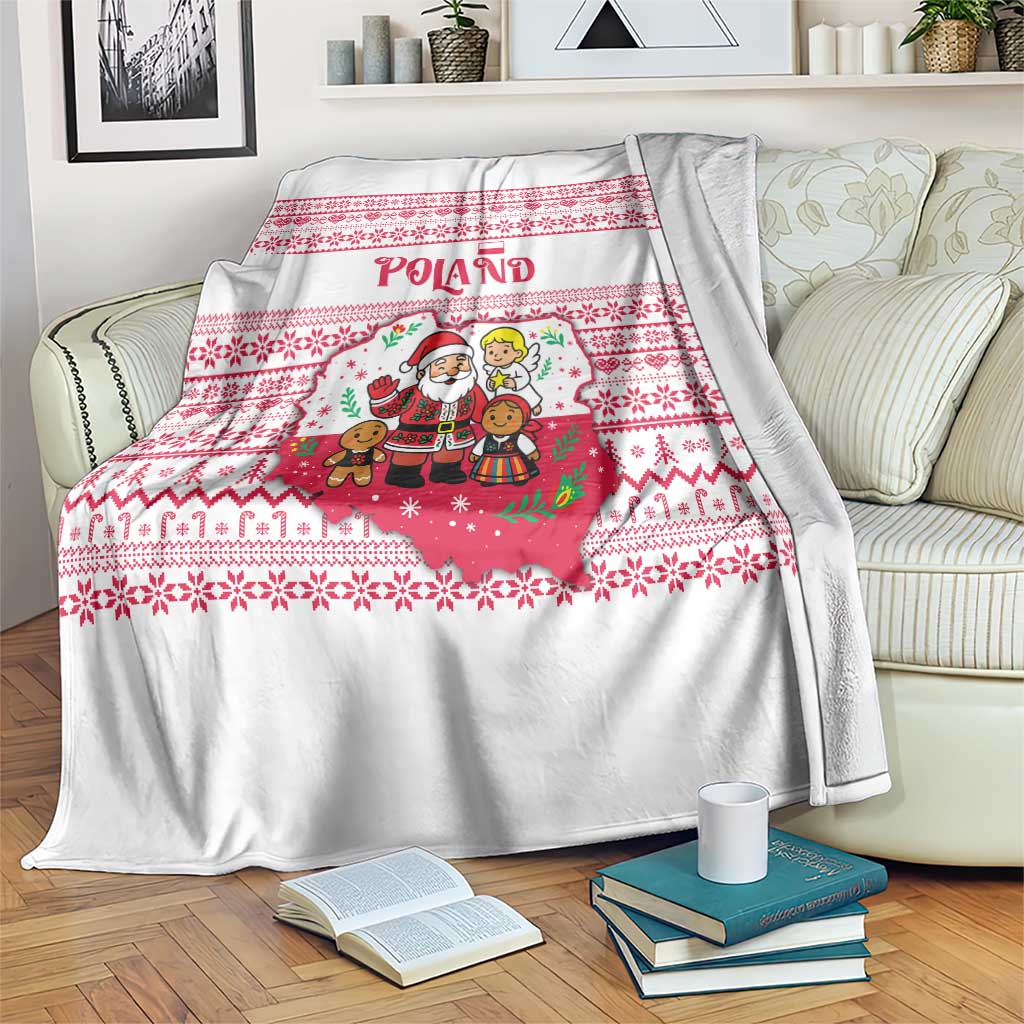 Poland Christmas Blanket with Santa Children Gingerbread Map Outline and Red Snowflake Knit Pattern Design - Wonder Print Shop