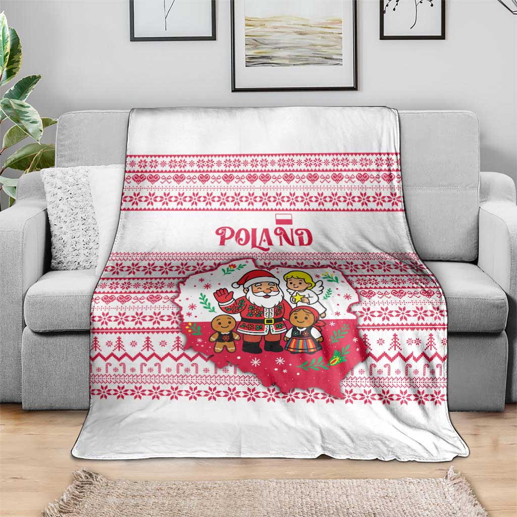 Poland Christmas Blanket with Santa Children Gingerbread Map Outline and Red Snowflake Knit Pattern Design - Wonder Print Shop