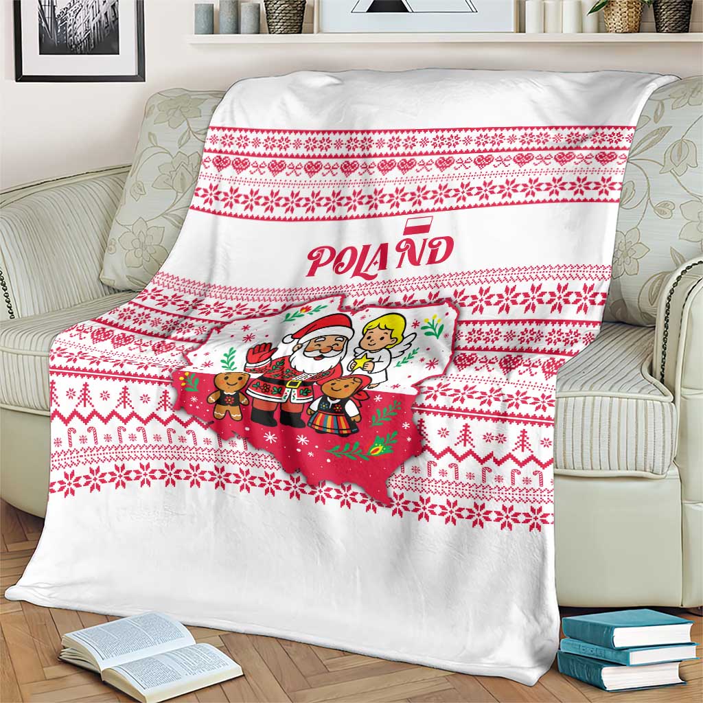 Poland Christmas Blanket with Santa Children Gingerbread Map Outline and Red Snowflake Knit Pattern Design - Wonder Print Shop