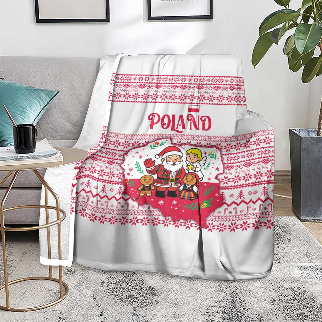 Poland Christmas Blanket with Santa Children Gingerbread Map Outline and Red Snowflake Knit Pattern Design - Wonder Print Shop