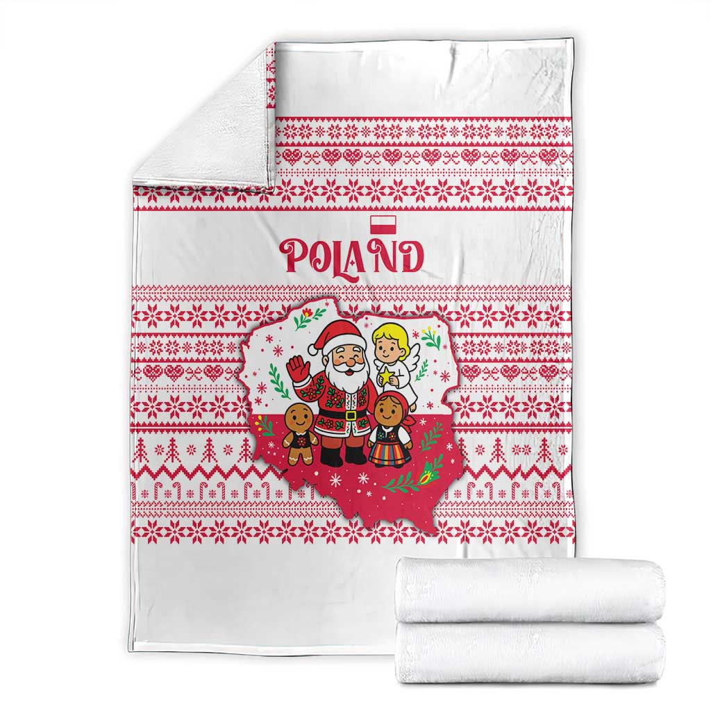 Poland Christmas Blanket with Santa Children Gingerbread Map Outline and Red Snowflake Knit Pattern Design - Wonder Print Shop