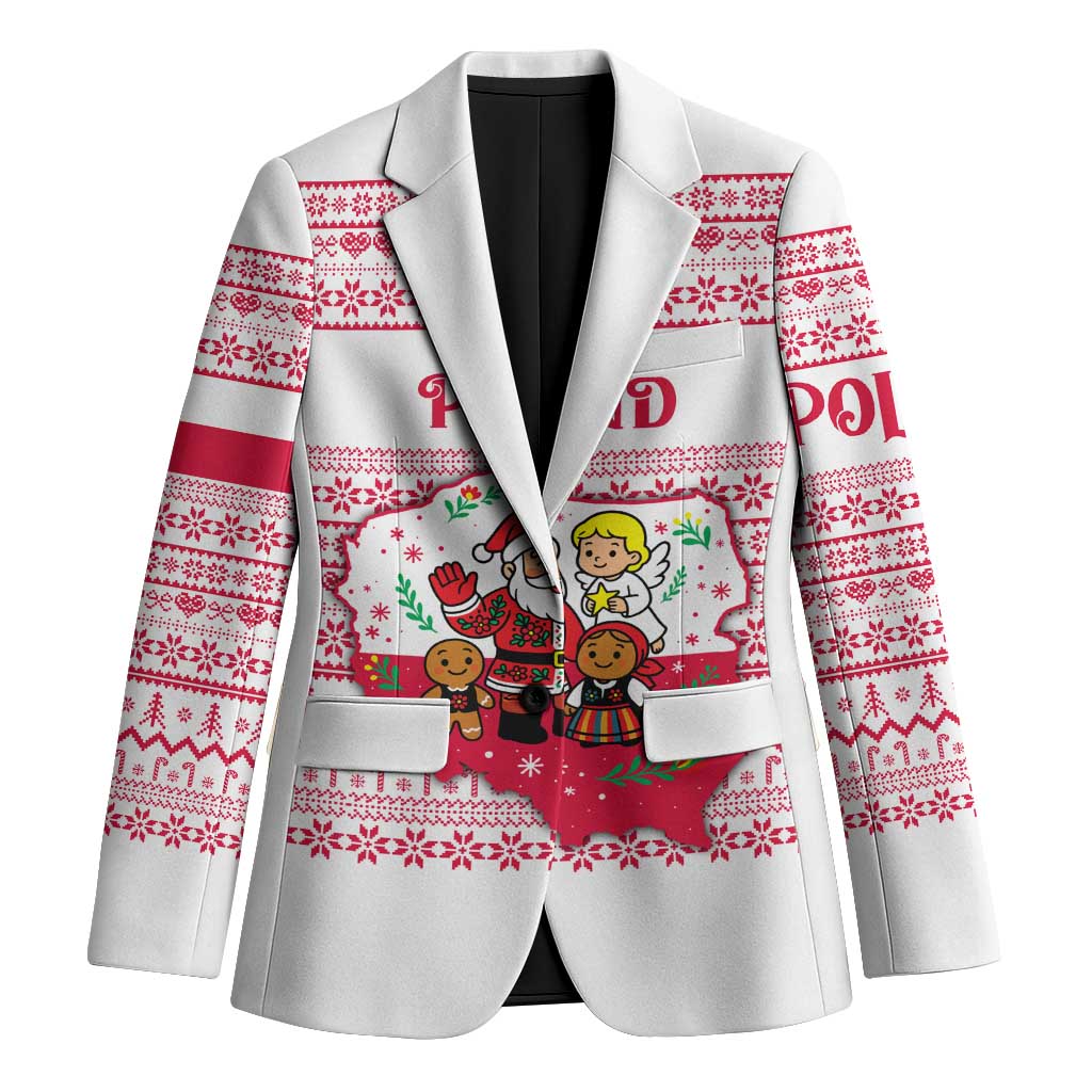Poland Christmas Blazer with Santa Children Gingerbread Map Outline and Red Snowflake Knit Pattern Design - Wonder Print Shop