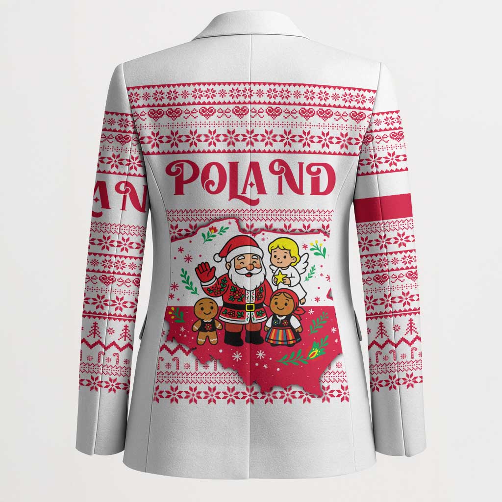 Poland Christmas Blazer with Santa Children Gingerbread Map Outline and Red Snowflake Knit Pattern Design - Wonder Print Shop