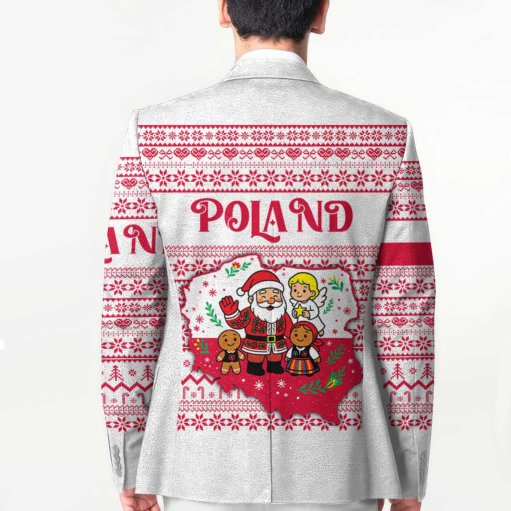 Poland Christmas Blazer with Santa Children Gingerbread Map Outline and Red Snowflake Knit Pattern Design - Wonder Print Shop
