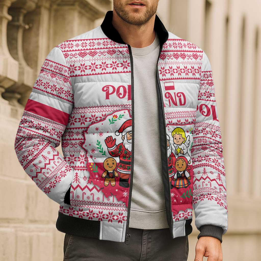 Poland Christmas Bomber Puffer Jacket with Santa Children Gingerbread Map Outline and Red Snowflake Knit Pattern Design - Wonder Print Shop