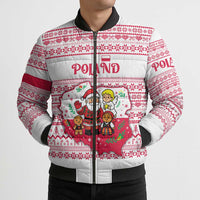 Poland Christmas Bomber Puffer Jacket with Santa Children Gingerbread Map Outline and Red Snowflake Knit Pattern Design - Wonder Print Shop