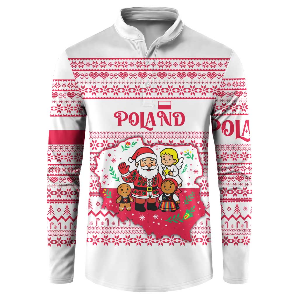 Poland Christmas Button Sweatshirt with Santa Children Gingerbread Map Outline and Red Snowflake Knit Pattern Design - Wonder Print Shop