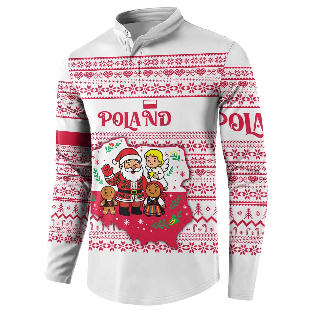 Poland Christmas Button Sweatshirt with Santa Children Gingerbread Map Outline and Red Snowflake Knit Pattern Design - Wonder Print Shop