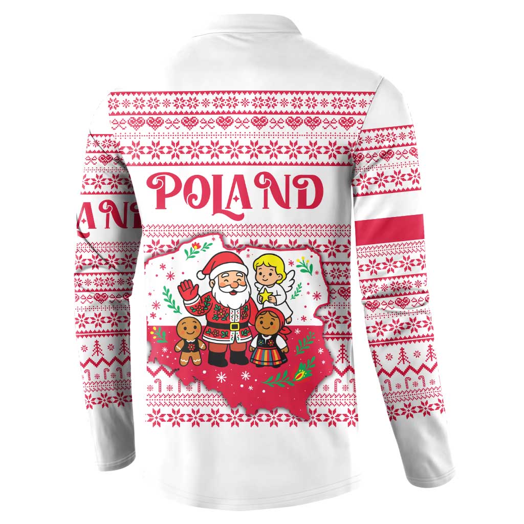 Poland Christmas Button Sweatshirt with Santa Children Gingerbread Map Outline and Red Snowflake Knit Pattern Design - Wonder Print Shop