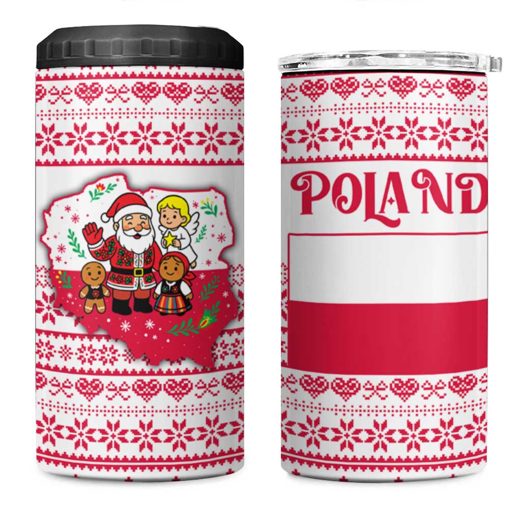 Poland Christmas 4 in 1 Can Cooler Tumbler with Santa Children Gingerbread Map Outline and Red Snowflake Knit Pattern Design - Wonder Print Shop