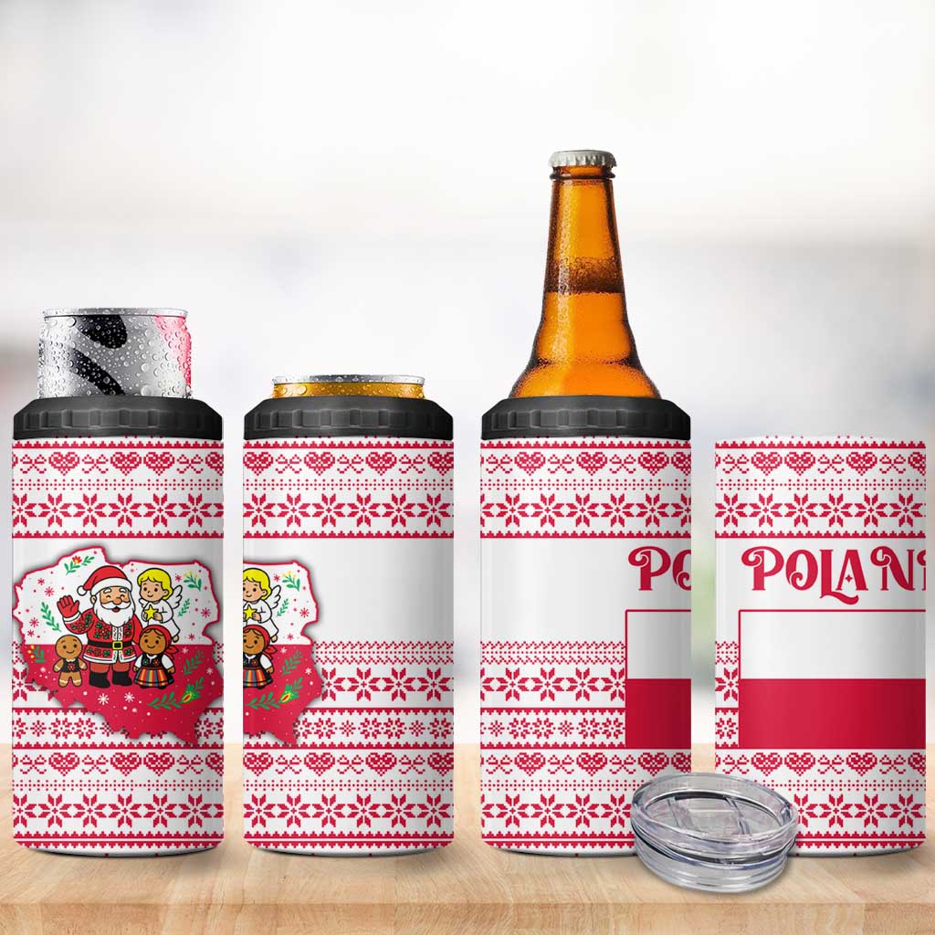 Poland Christmas 4 in 1 Can Cooler Tumbler with Santa Children Gingerbread Map Outline and Red Snowflake Knit Pattern Design - Wonder Print Shop