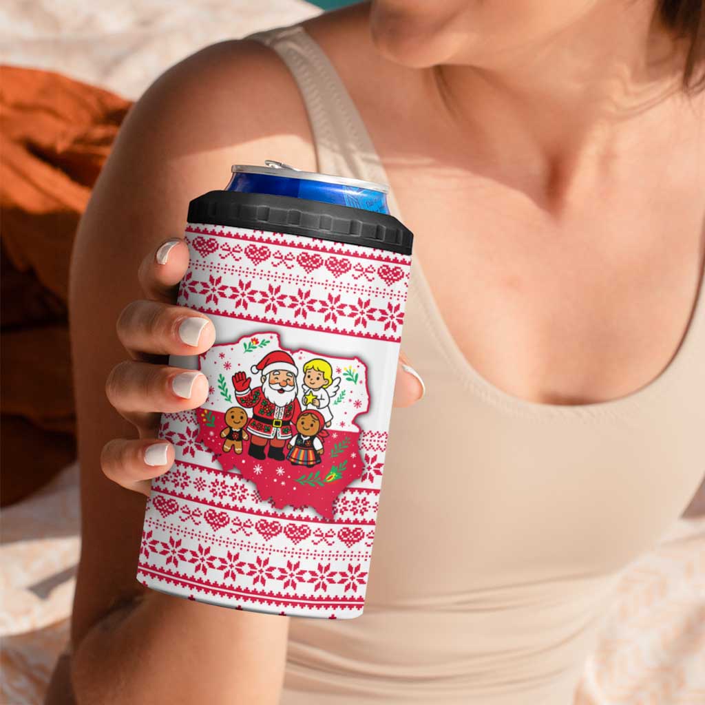 Poland Christmas 4 in 1 Can Cooler Tumbler with Santa Children Gingerbread Map Outline and Red Snowflake Knit Pattern Design - Wonder Print Shop