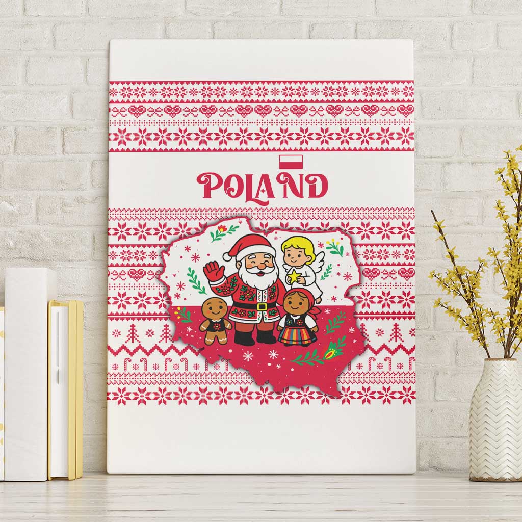 Poland Christmas Canvas Wall Art with Santa Children Gingerbread Map Outline and Red Snowflake Knit Pattern Design - Wonder Print Shop
