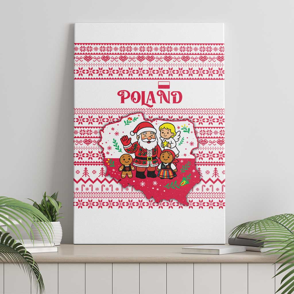 Poland Christmas Canvas Wall Art with Santa Children Gingerbread Map Outline and Red Snowflake Knit Pattern Design - Wonder Print Shop