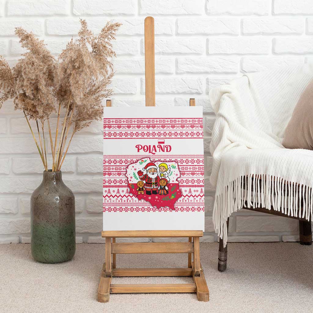 Poland Christmas Canvas Wall Art with Santa Children Gingerbread Map Outline and Red Snowflake Knit Pattern Design - Wonder Print Shop