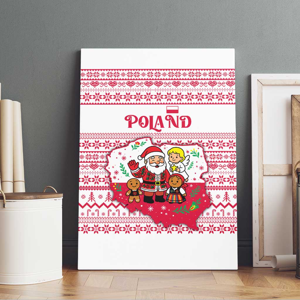 Poland Christmas Canvas Wall Art with Santa Children Gingerbread Map Outline and Red Snowflake Knit Pattern Design - Wonder Print Shop