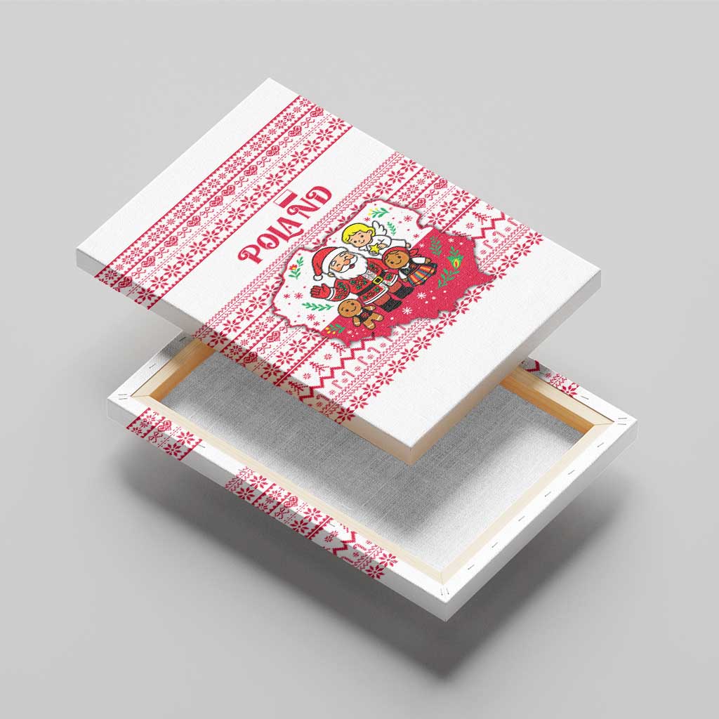 Poland Christmas Canvas Wall Art with Santa Children Gingerbread Map Outline and Red Snowflake Knit Pattern Design - Wonder Print Shop