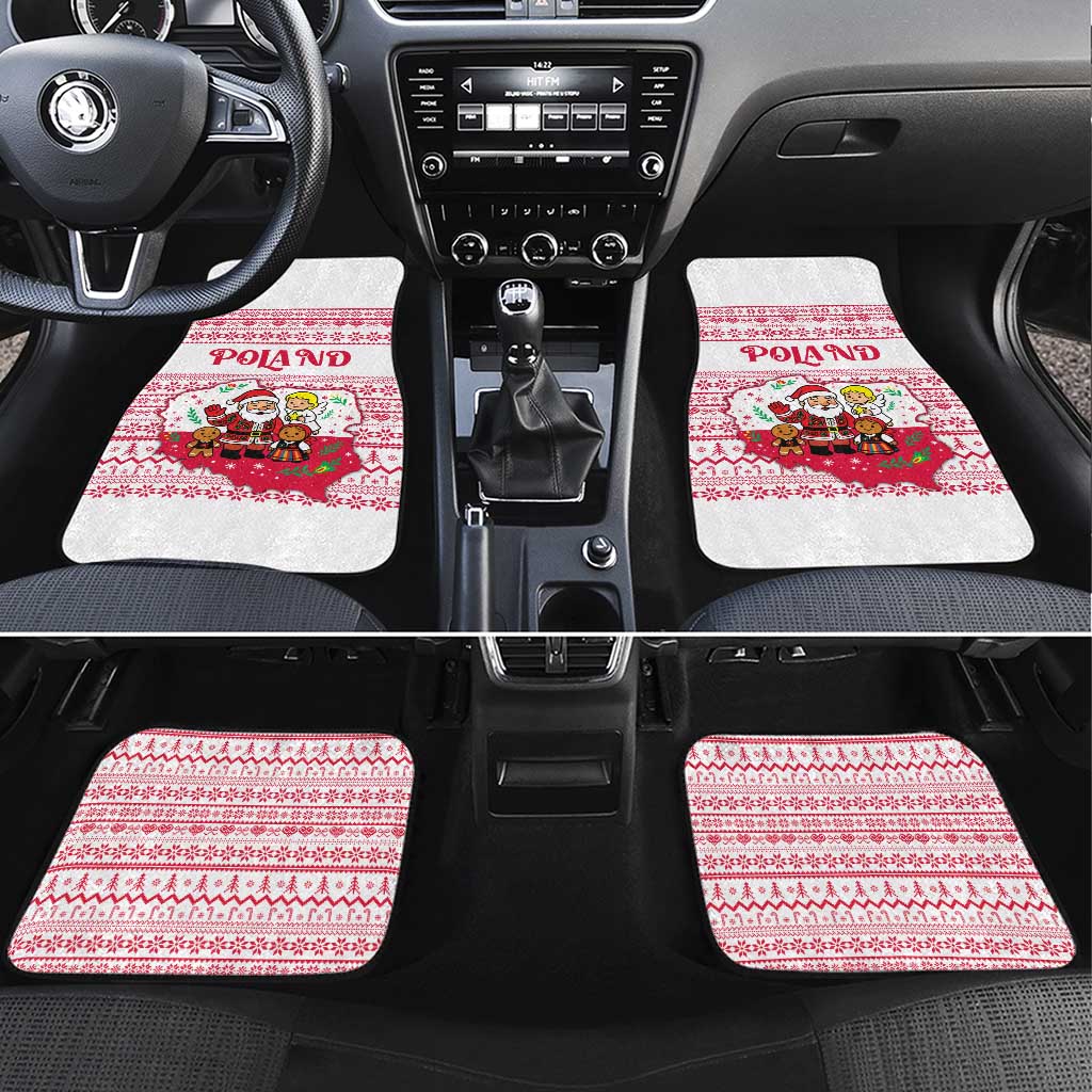 Poland Christmas Car Mats with Santa Children Gingerbread Map Outline and Red Snowflake Knit Pattern Design - Wonder Print Shop