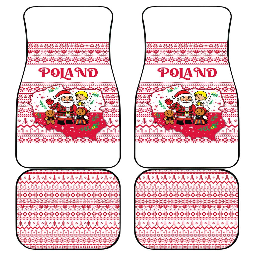 Poland Christmas Car Mats with Santa Children Gingerbread Map Outline and Red Snowflake Knit Pattern Design - Wonder Print Shop