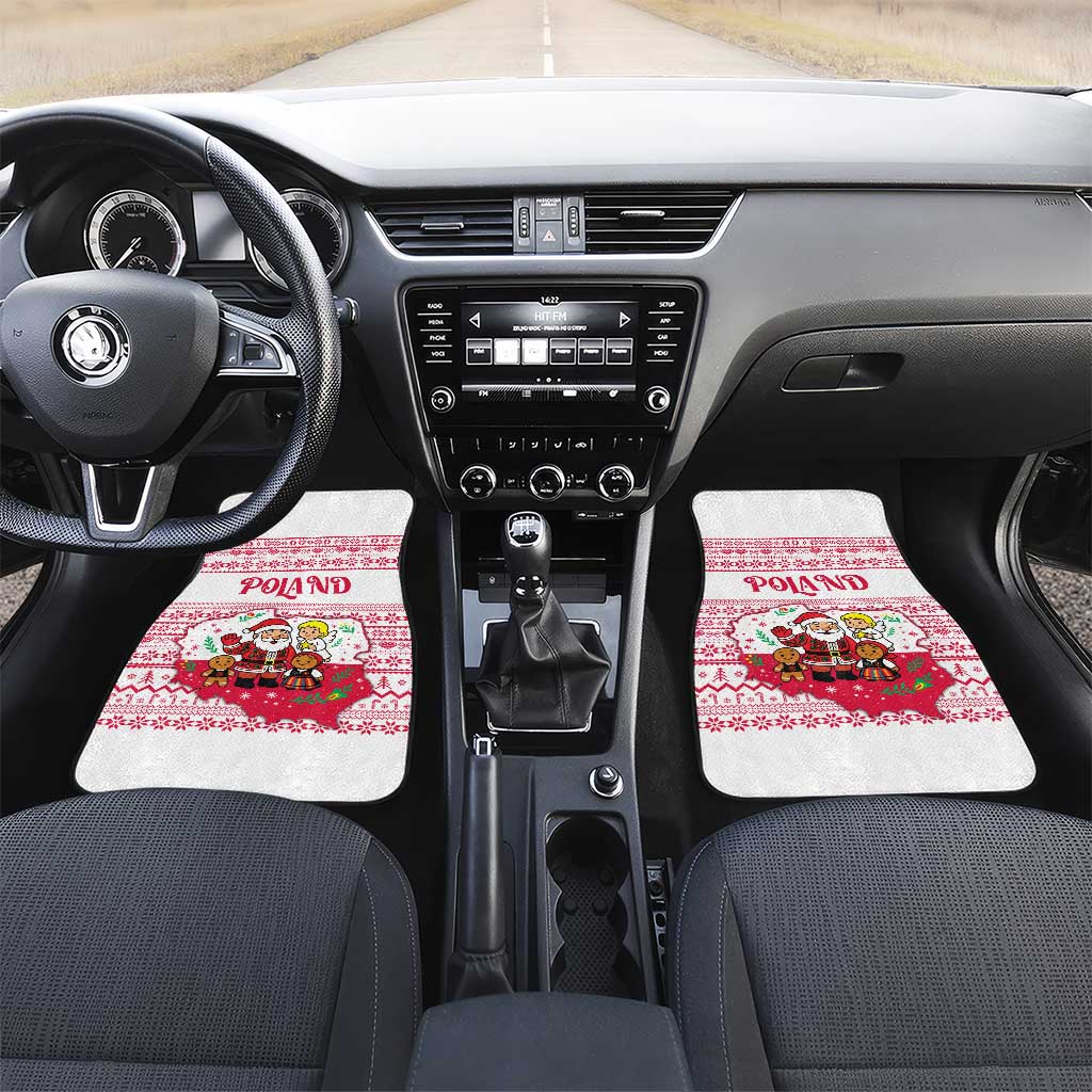Poland Christmas Car Mats with Santa Children Gingerbread Map Outline and Red Snowflake Knit Pattern Design - Wonder Print Shop