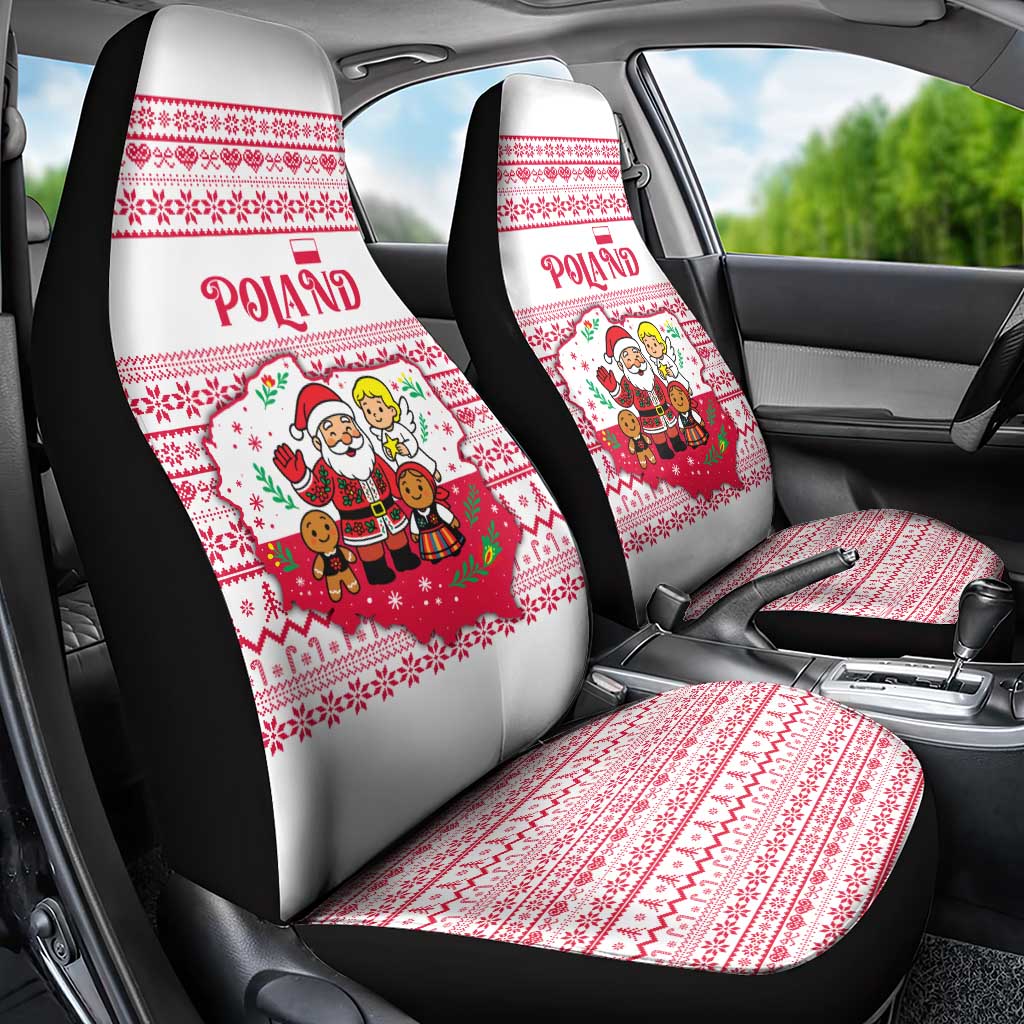 Poland Christmas Car Seat Cover with Santa Children Gingerbread Map Outline and Red Snowflake Knit Pattern Design - Wonder Print Shop