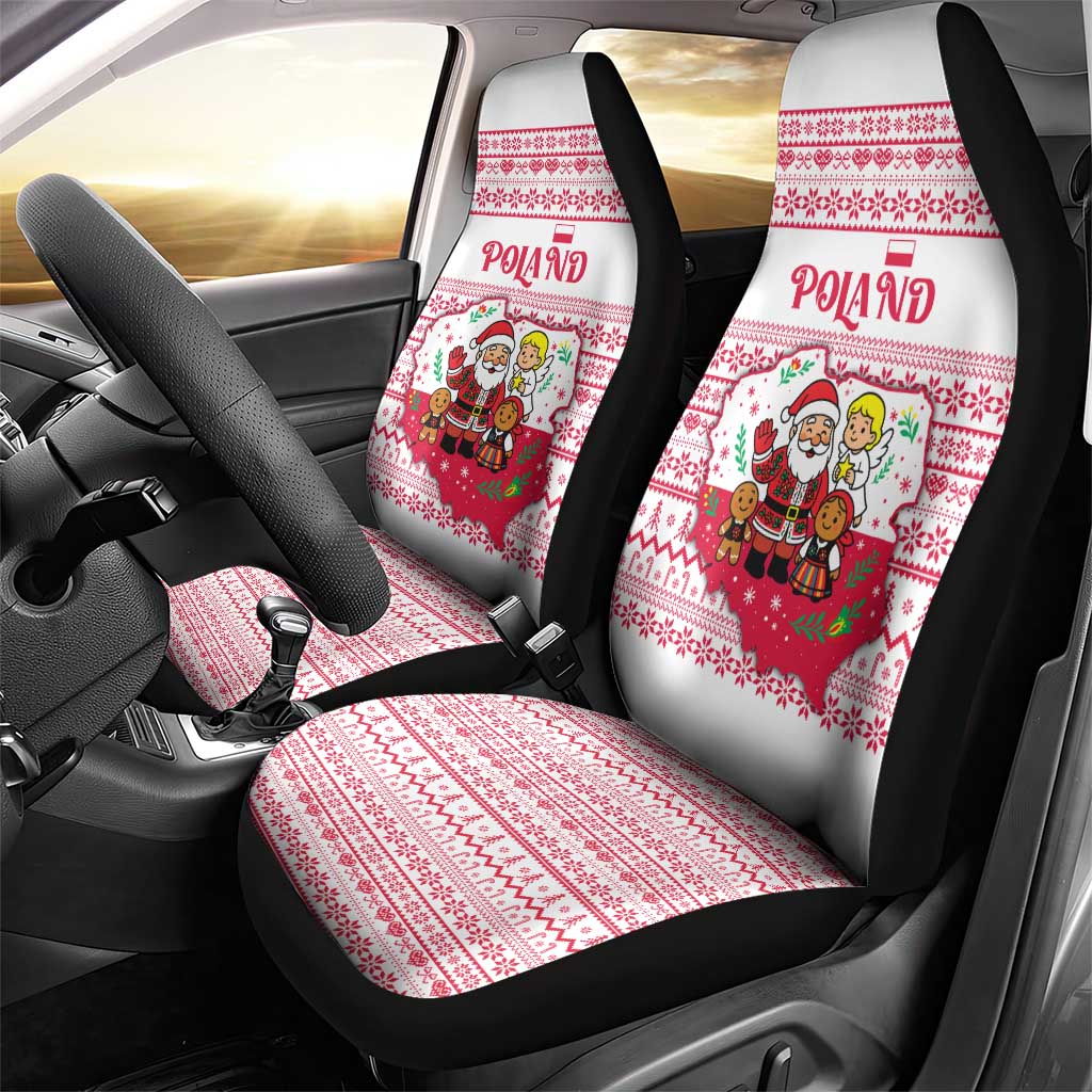Poland Christmas Car Seat Cover with Santa Children Gingerbread Map Outline and Red Snowflake Knit Pattern Design - Wonder Print Shop